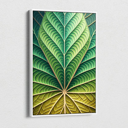 Framed canvas wall art of emerald leaf veins in green golden gradients