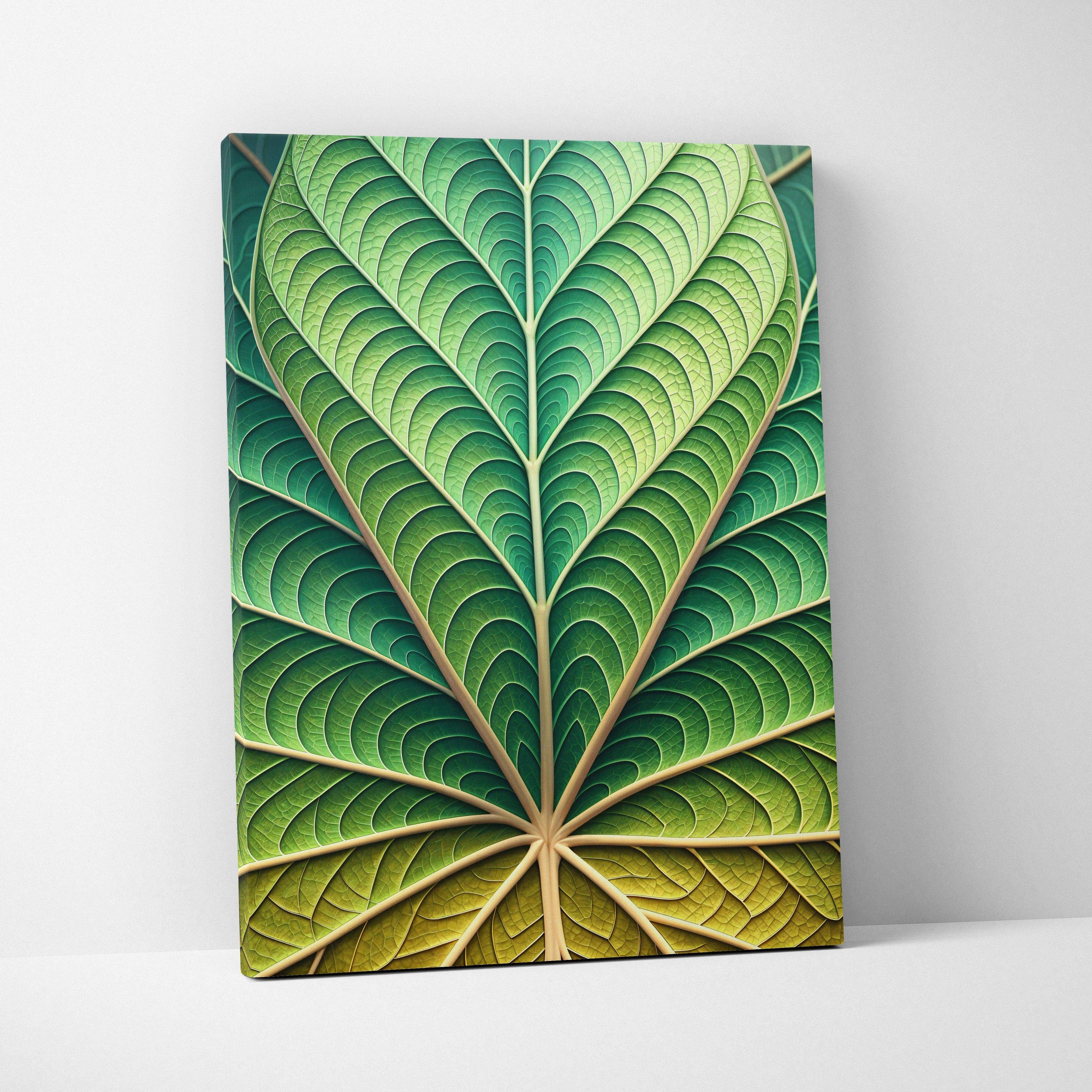 Canvas wall art of emerald leaf veins in green and golden calm