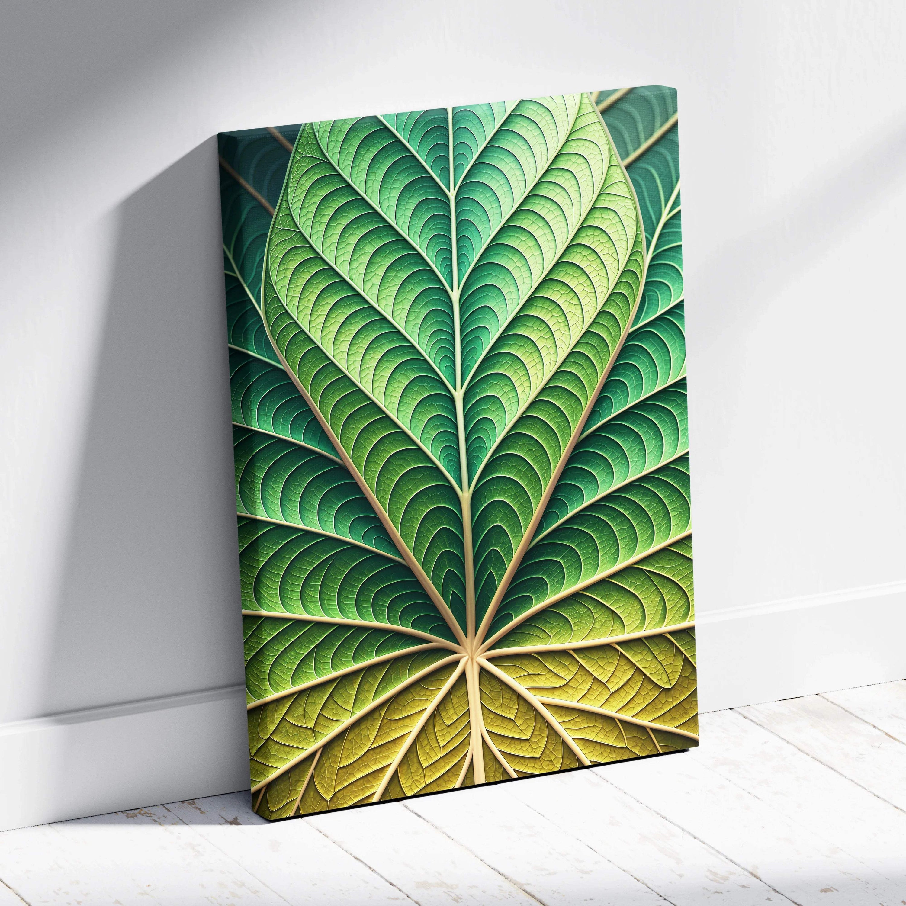 Vibrant emerald leaf veins canvas wall art in green and golden gradient