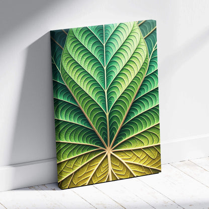Vibrant emerald leaf veins canvas wall art in green and golden gradient