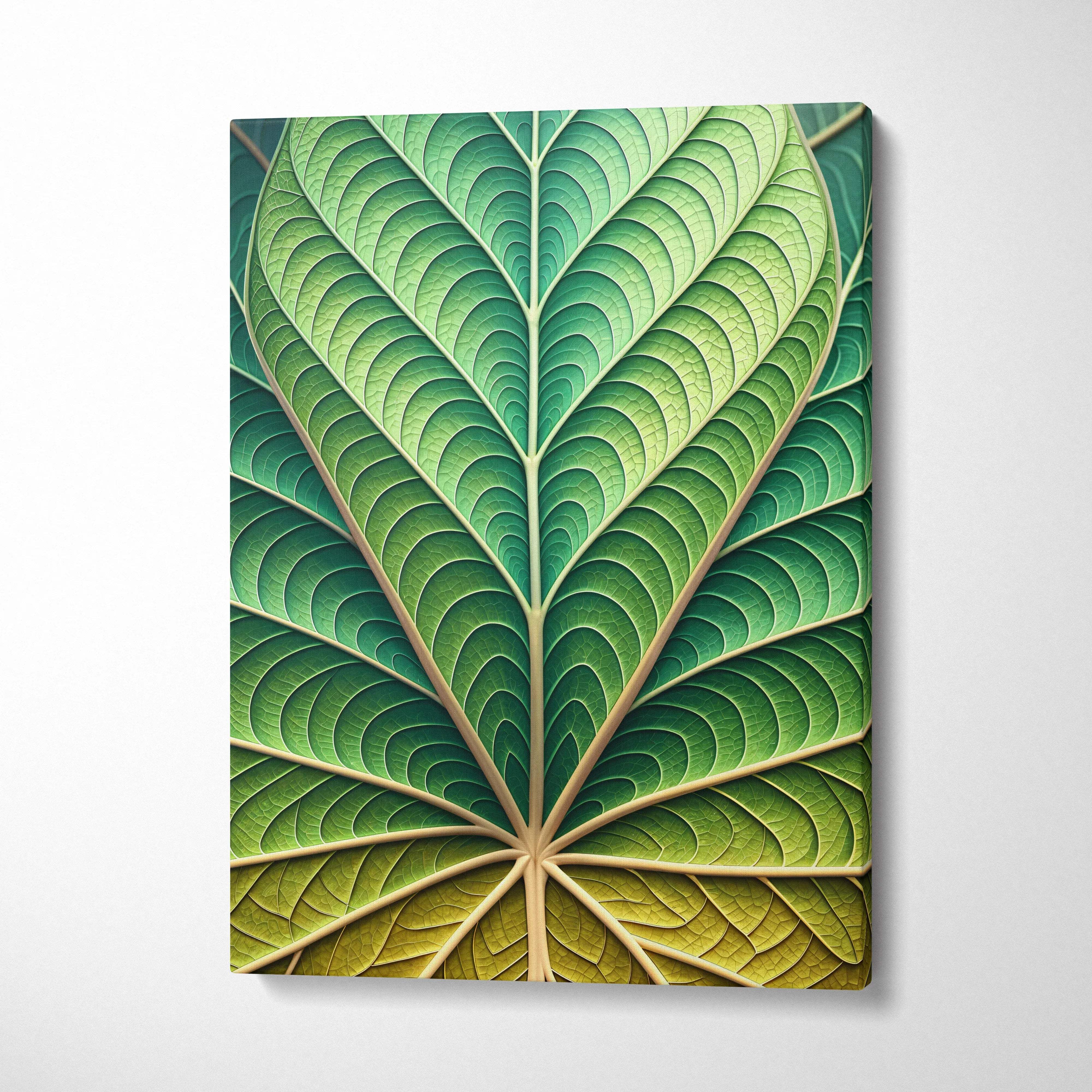 Canvas wall art of emerald leaf veins in green and golden calm geometry