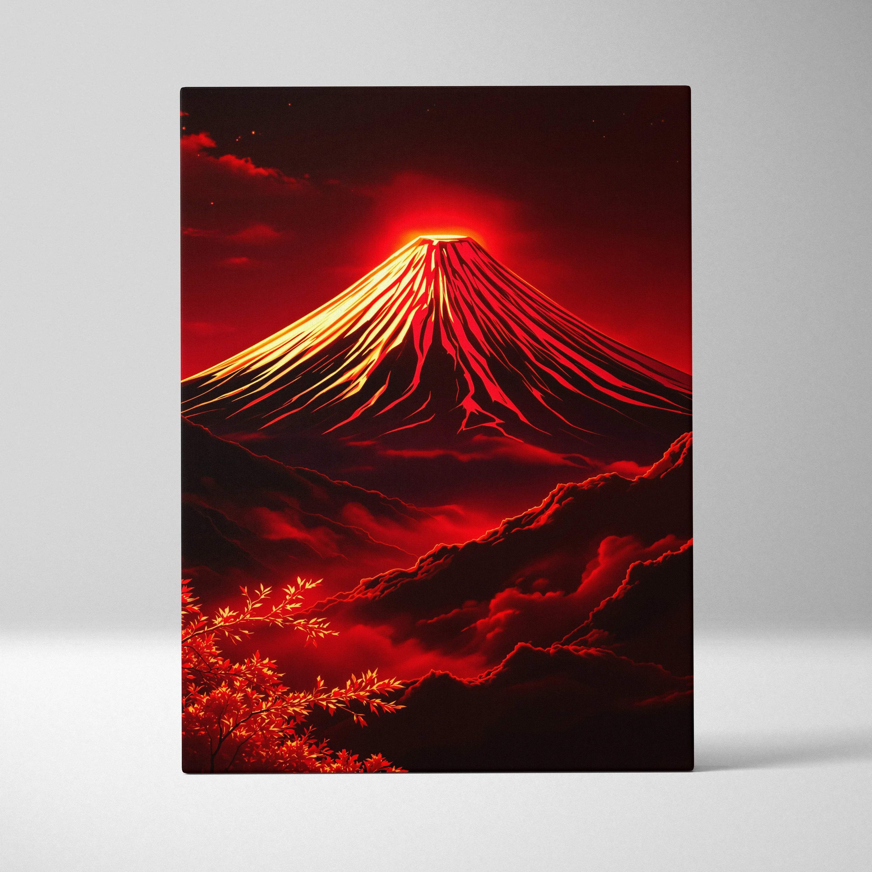 Fiery red erupting Mount Fuji volcano canvas wall art at night