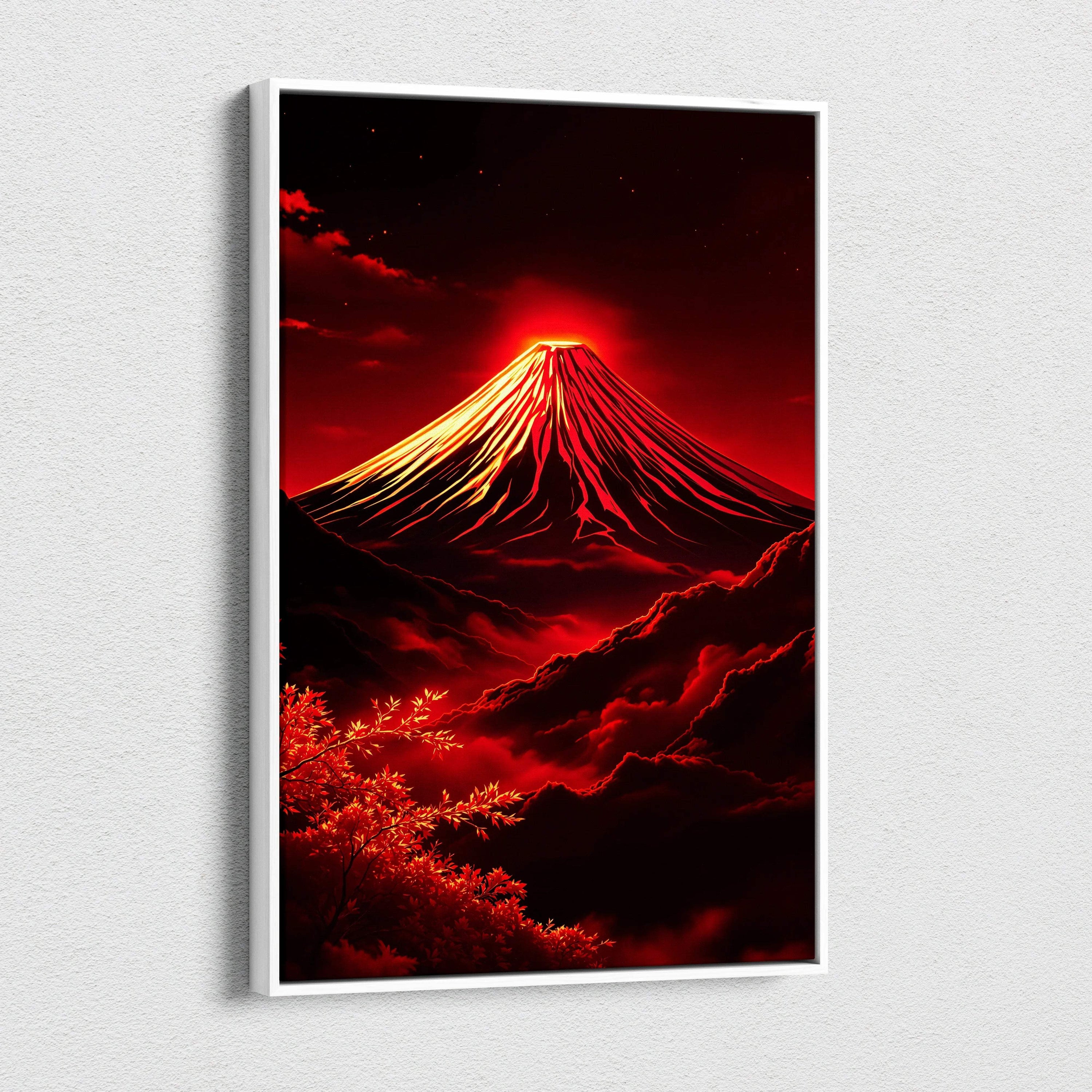 Framed fiery red Mount Fuji erupting under starry night sky canvas art