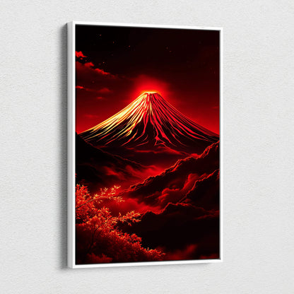 Framed fiery red Mount Fuji erupting under starry night sky canvas art