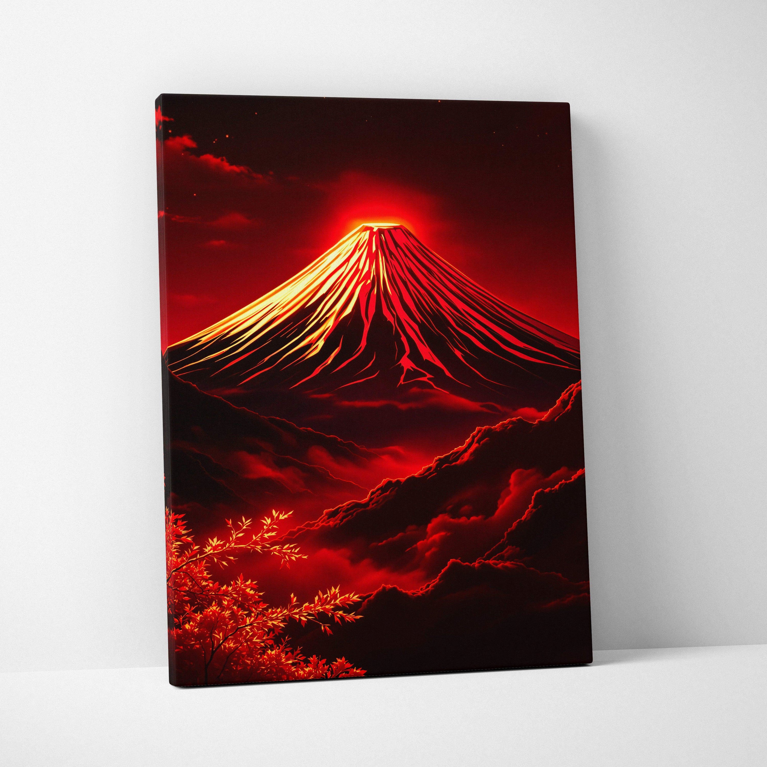 Vibrant red gold canvas print of erupting Mount Fuji at night