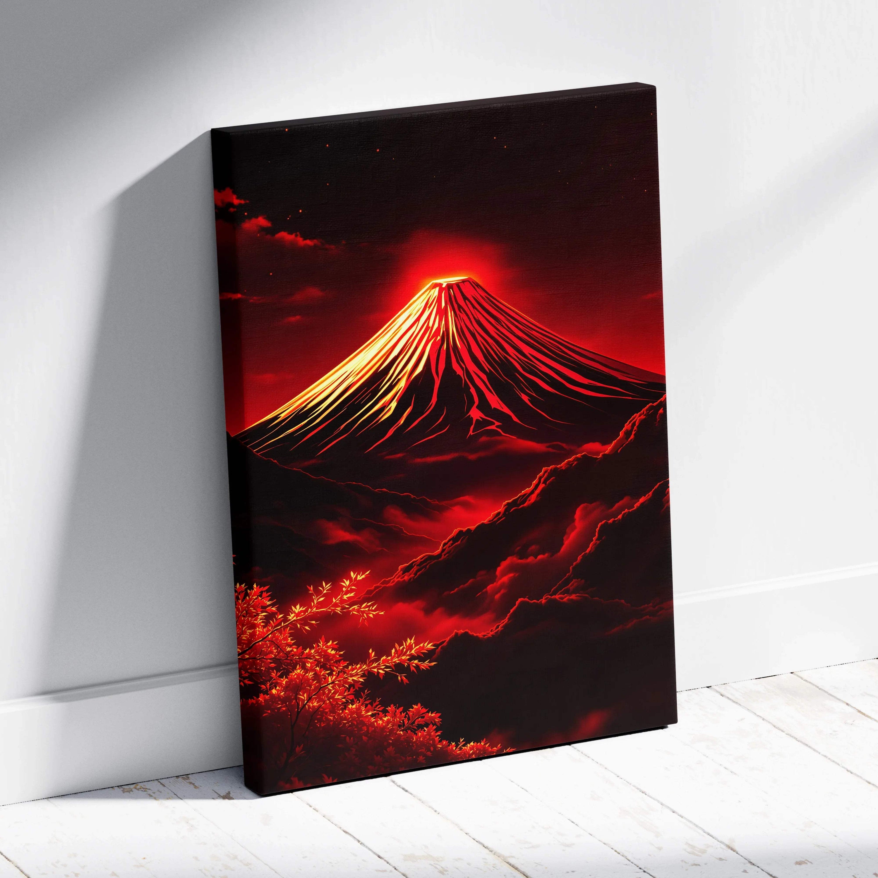 Glowing Mount Fuji erupting volcano canvas wall art fiery red black night