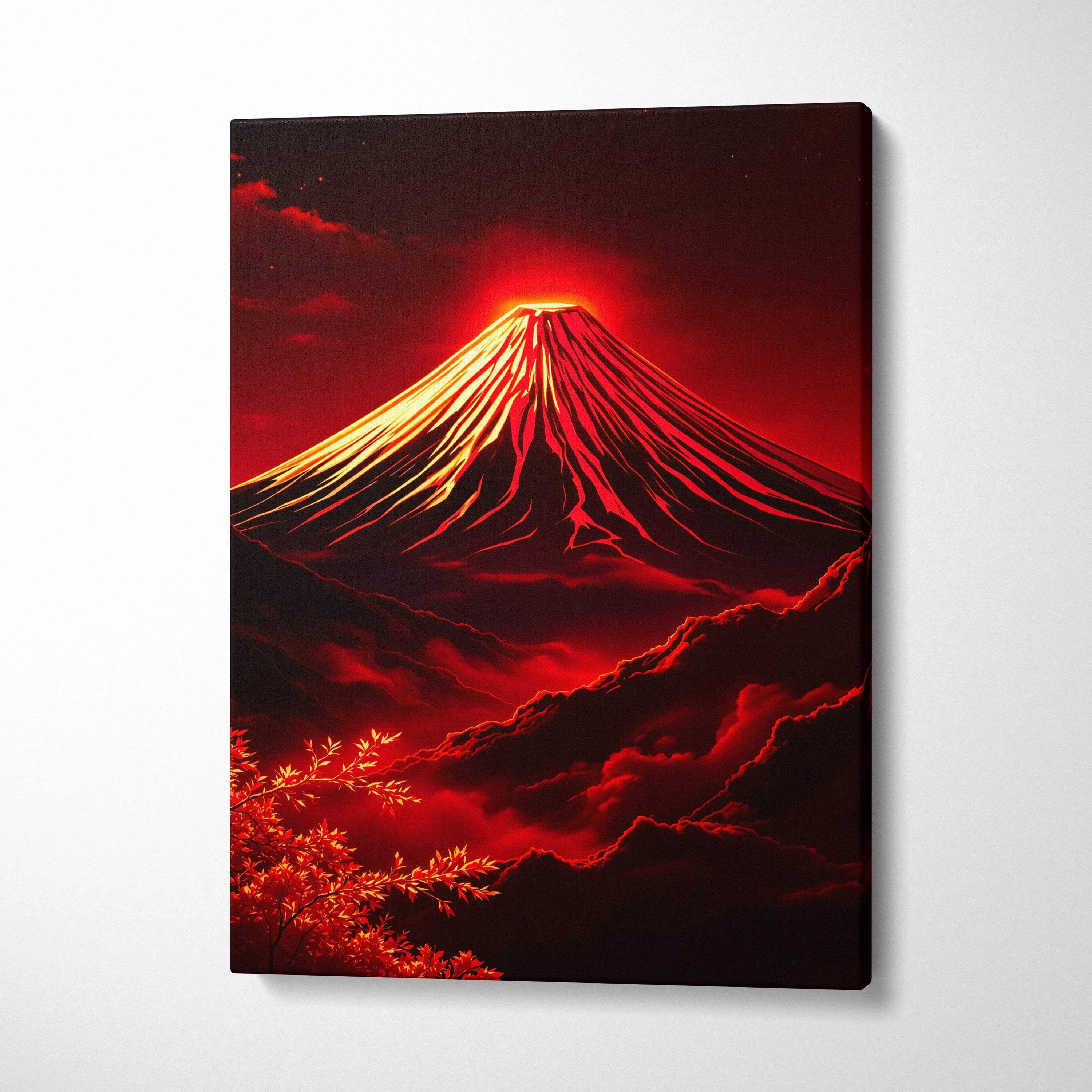 Fiery red erupting Mount Fuji volcano canvas art at night