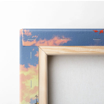 Back of Visionary Autumn Landscape canvas wall art with wooden frame, painted sky, clouds, subtle stitching