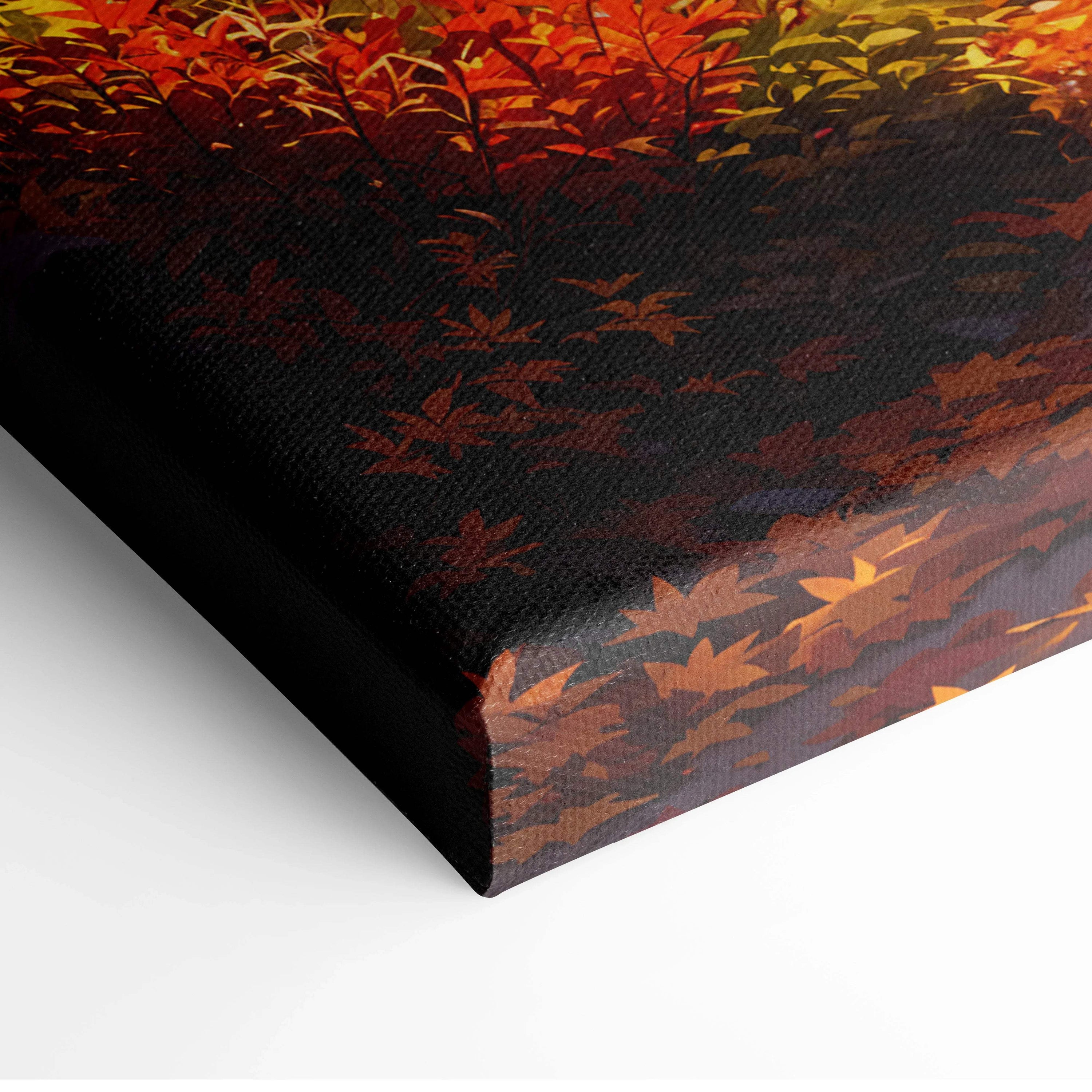 Vibrant autumn canvas wall art of mountain cottage path in amber crimson leaves