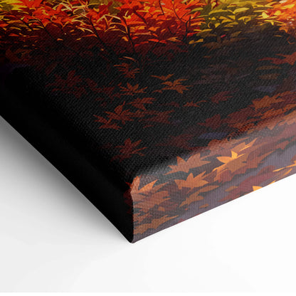 Vibrant autumn canvas wall art of mountain cottage path in amber crimson leaves