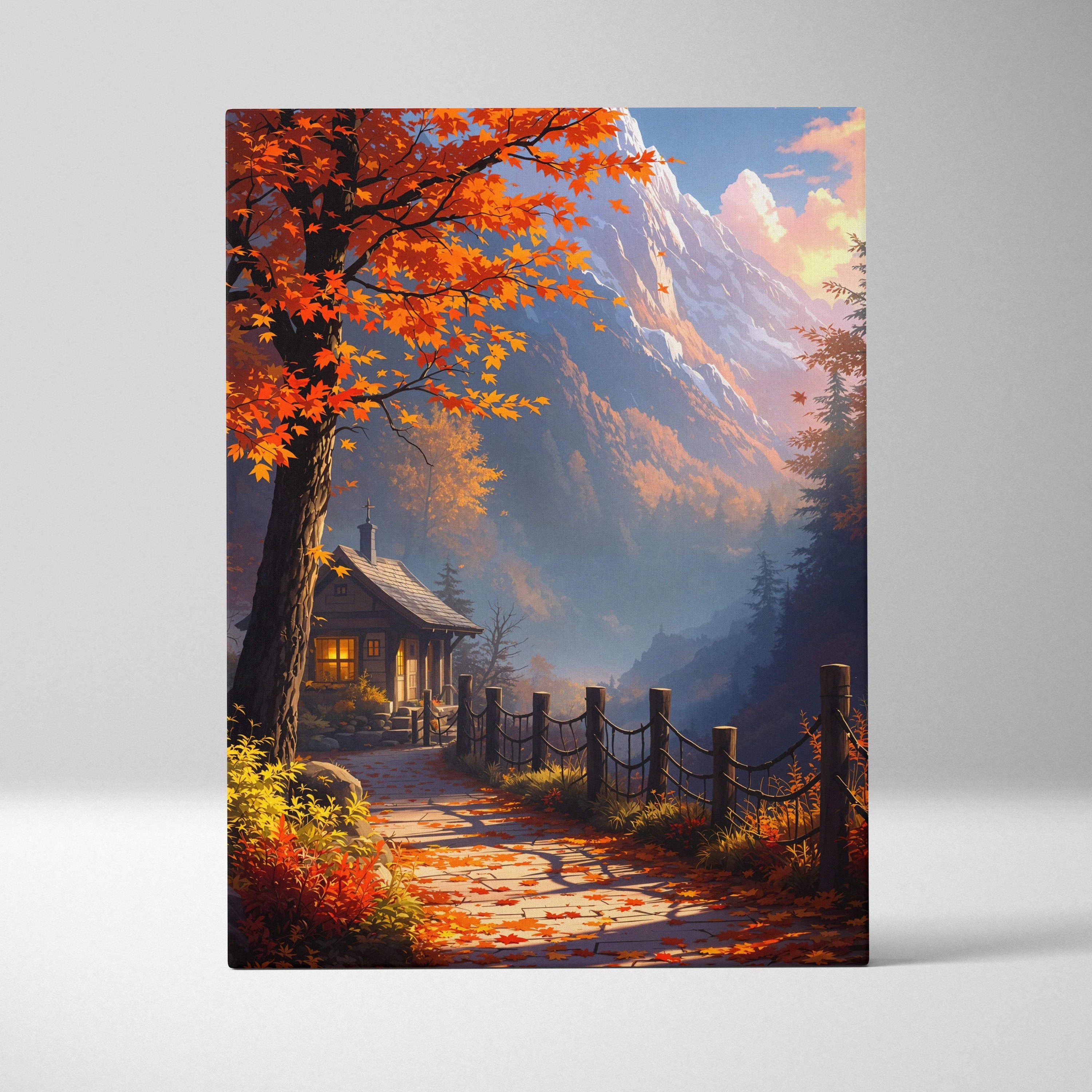 Visionary autumn mountain canvas art with cozy cabin path in amber crimson