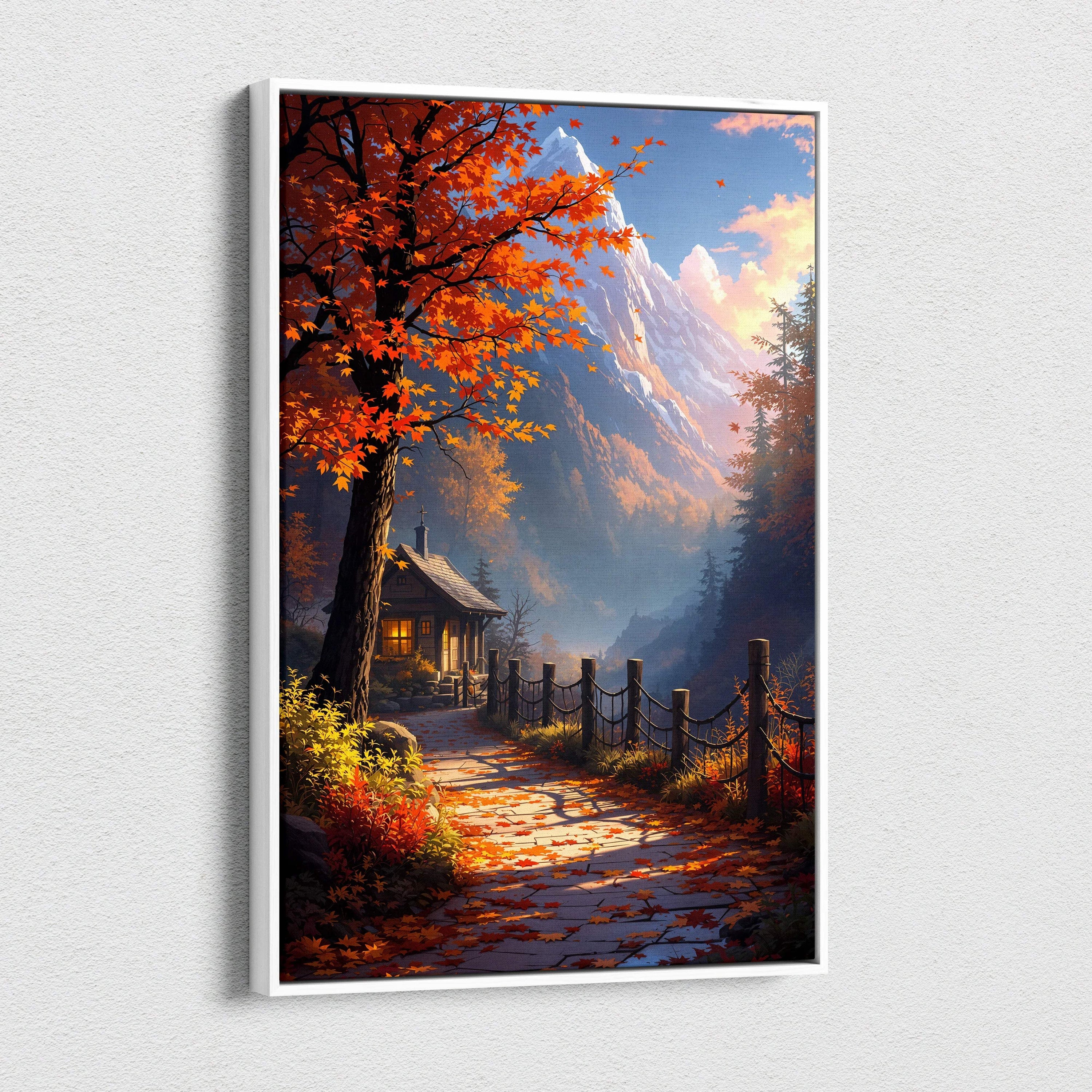 Cozy mountain cottage canvas art in visionary autumn amber crimson landscape