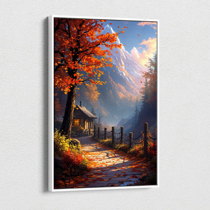Cozy mountain cottage canvas art in visionary autumn amber crimson landscape