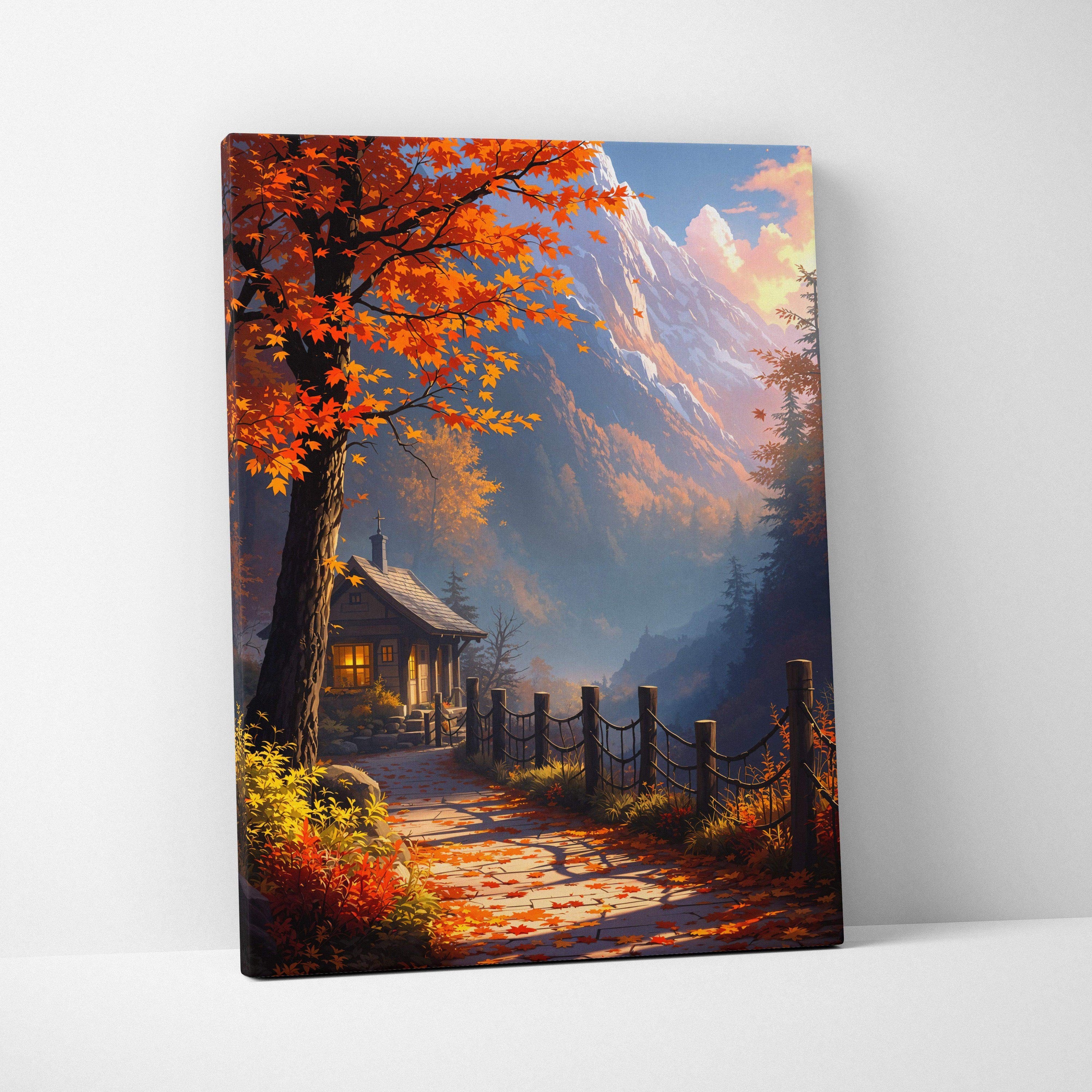 Cozy visionary autumn cabin canvas art with orange leaves and mountains