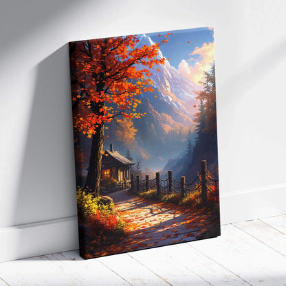 Visionary autumn canvas art: mountain cottage path in amber crimson hues