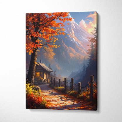 Canvas print of cozy mountain cottage path in visionary autumn amber crimson landscape
