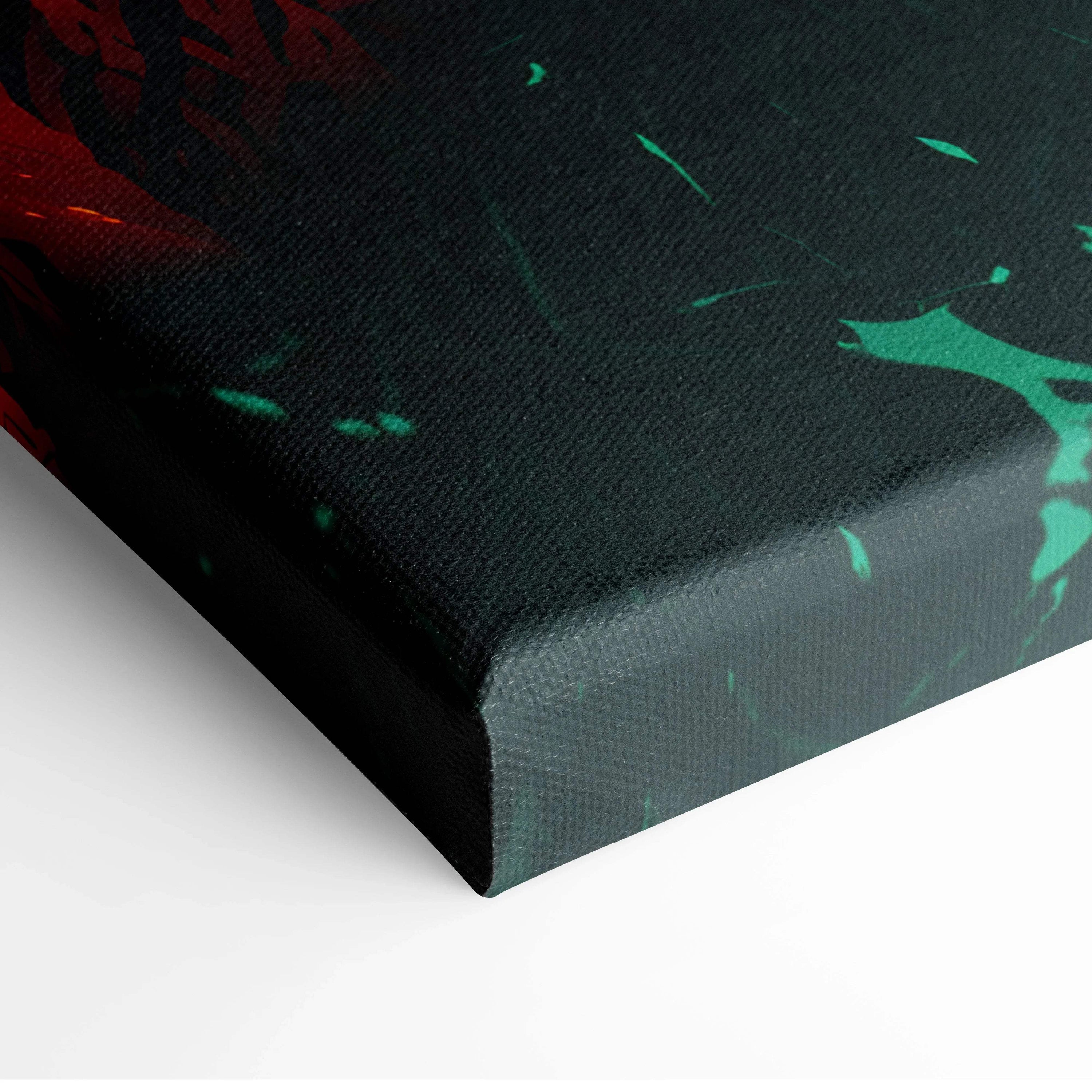 Black canvas art with bold red teal splatter surreal mountain landscape
