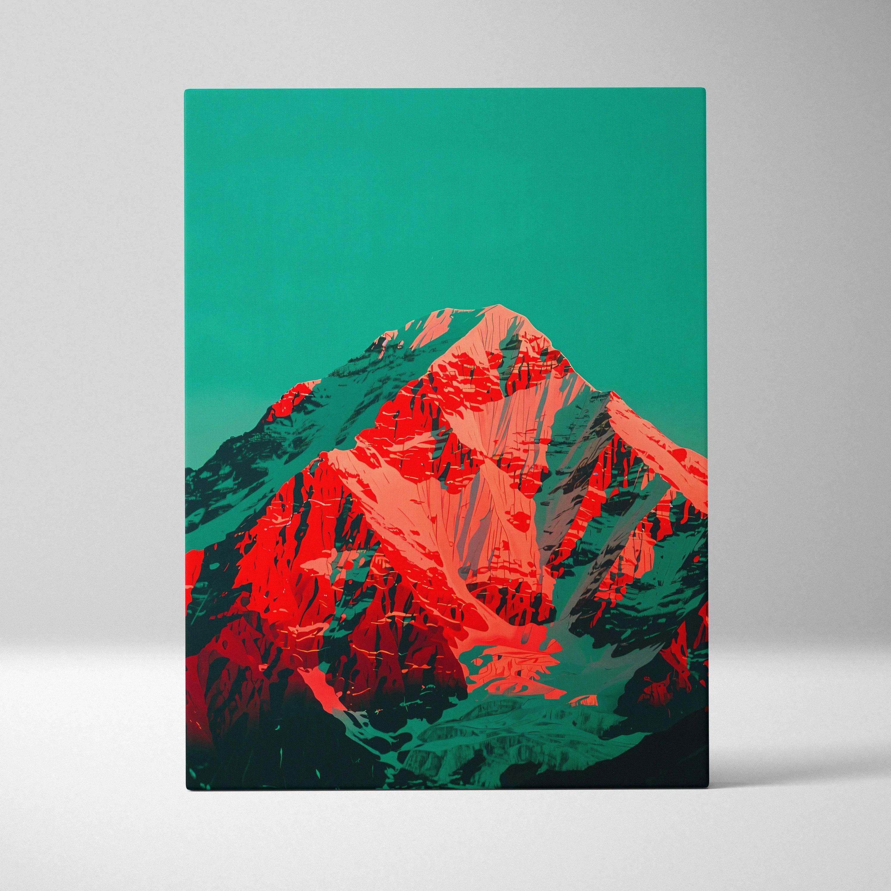 Vibrant red and teal surreal mountain landscape canvas wall art