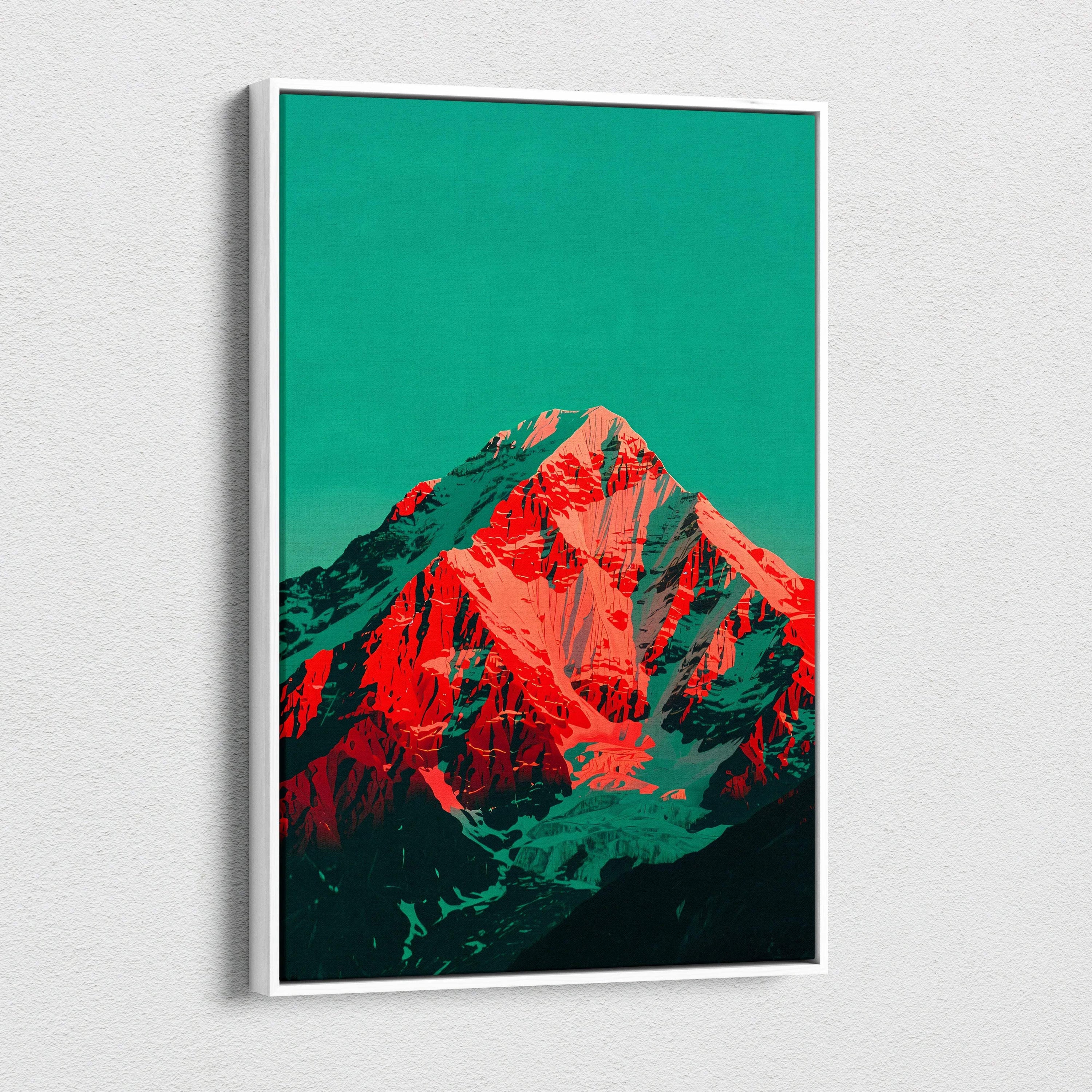 Framed Crimson Peak canvas art with surreal red mountain under teal skies