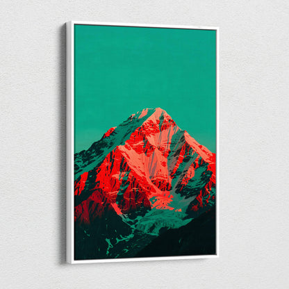 Framed Crimson Peak canvas art with surreal red mountain under teal skies