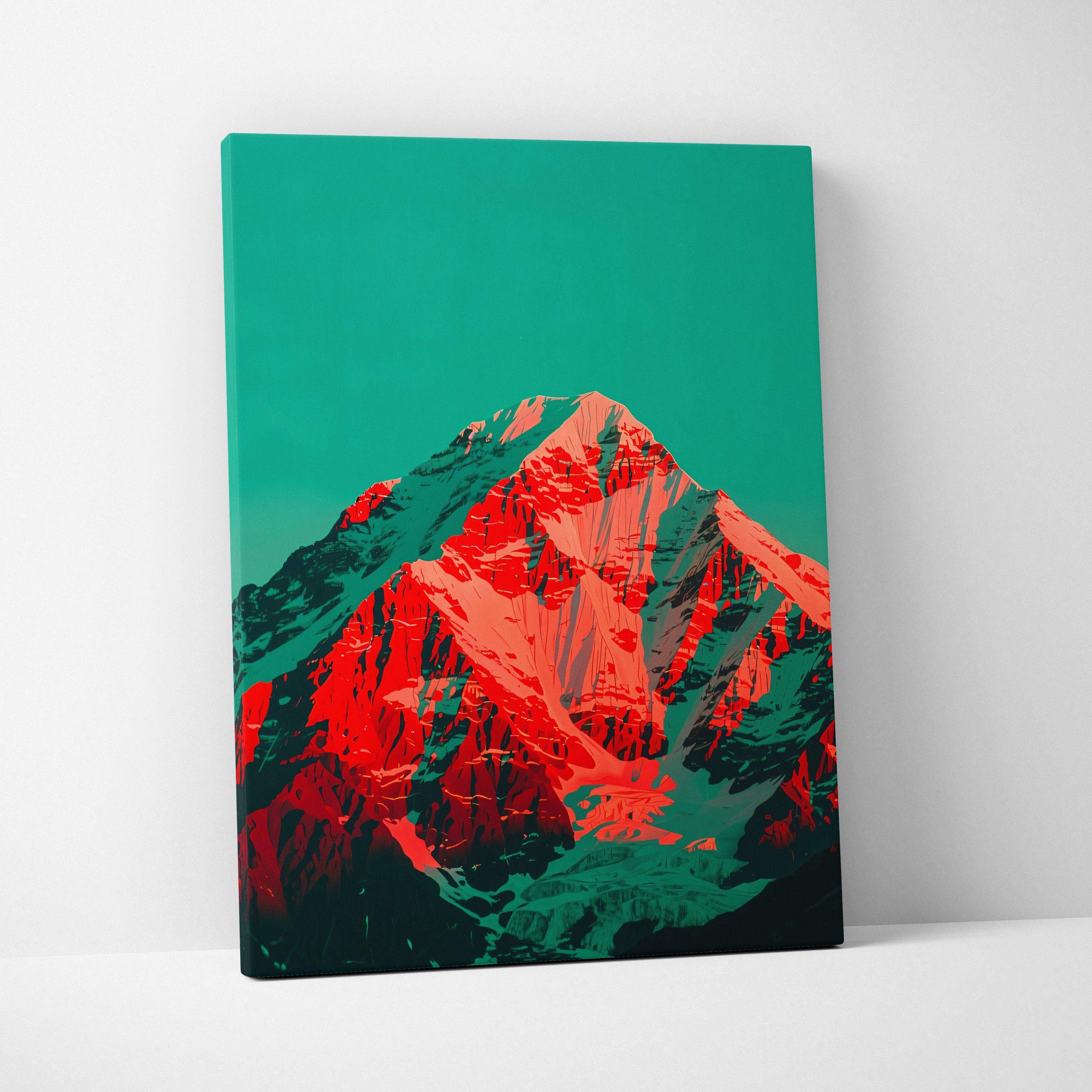 Vibrant red and teal surreal mountain landscape canvas wall art print