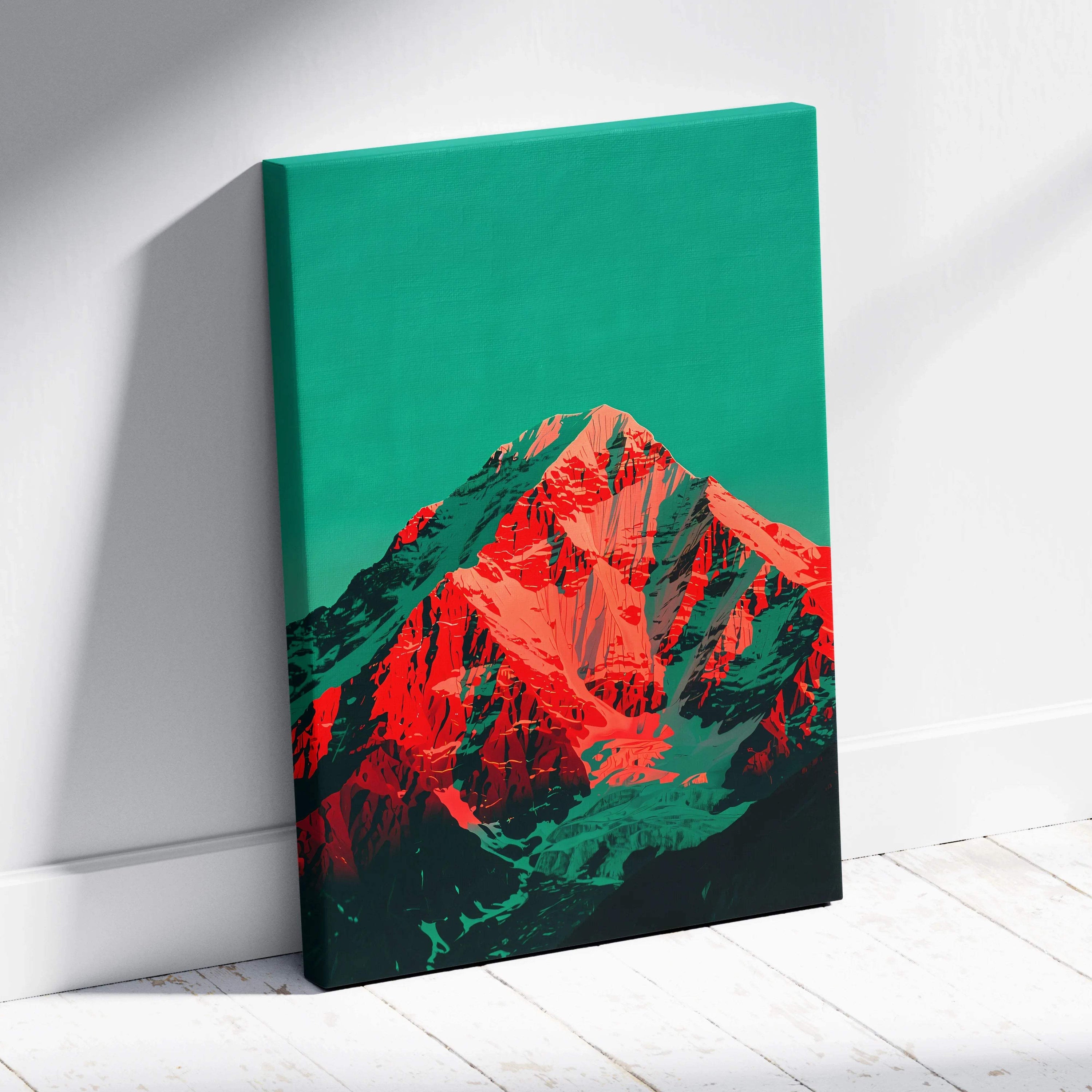 Vibrant red and teal surreal mountain canvas wall art - Crimson Peak Under Teal Skies