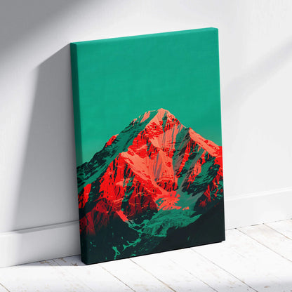 Vibrant red and teal surreal mountain canvas wall art - Crimson Peak Under Teal Skies