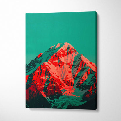 Vibrant red and teal stylized mountain canvas print, Crimson Peak Under Teal Skies
