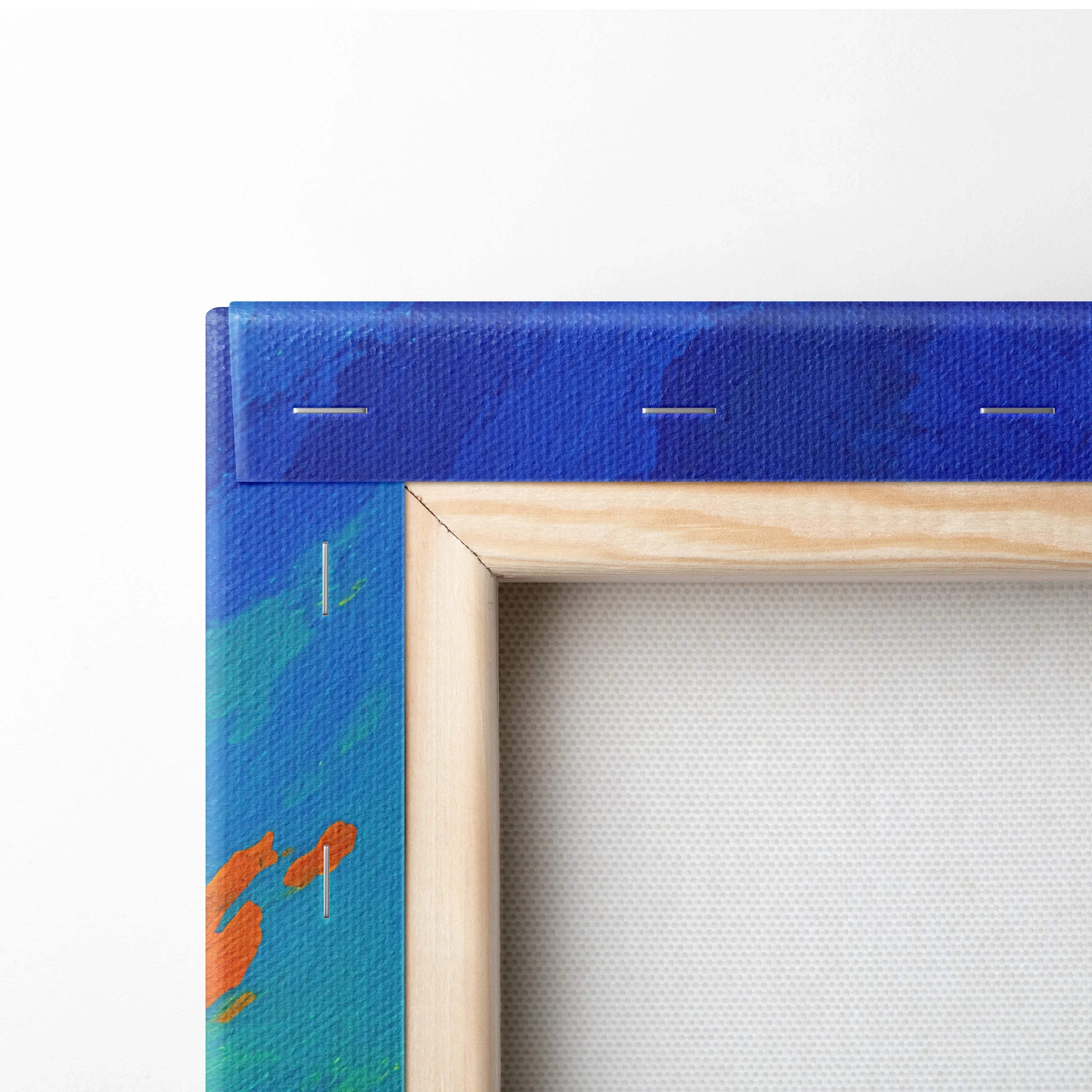 Blue canvas wall art with orange teal brushstrokes in light wood frame