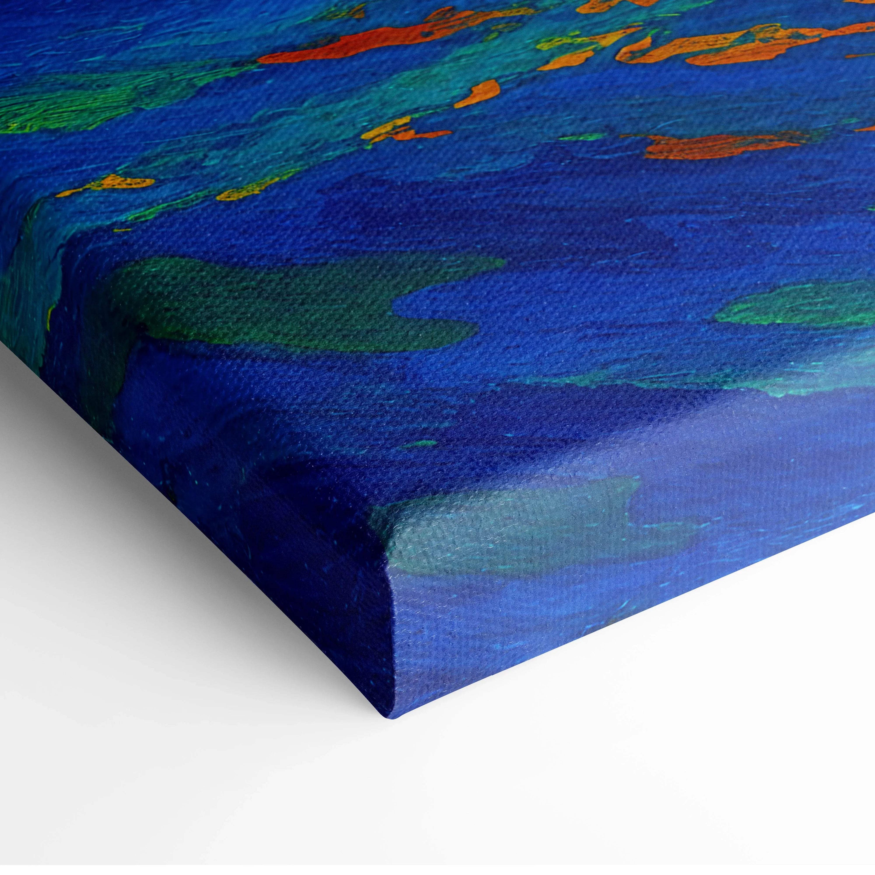 Vibrant impressionist ocean wave canvas wall art in blue orange sunset colors