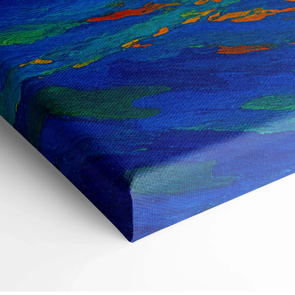 Vibrant impressionist ocean wave canvas wall art in blue orange sunset colors