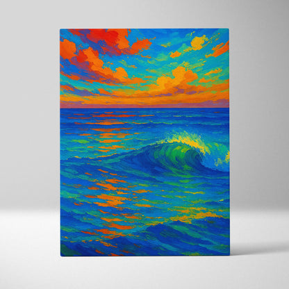 Vibrant impressionist ocean wave canvas wall art in bold blue orange sunset colors