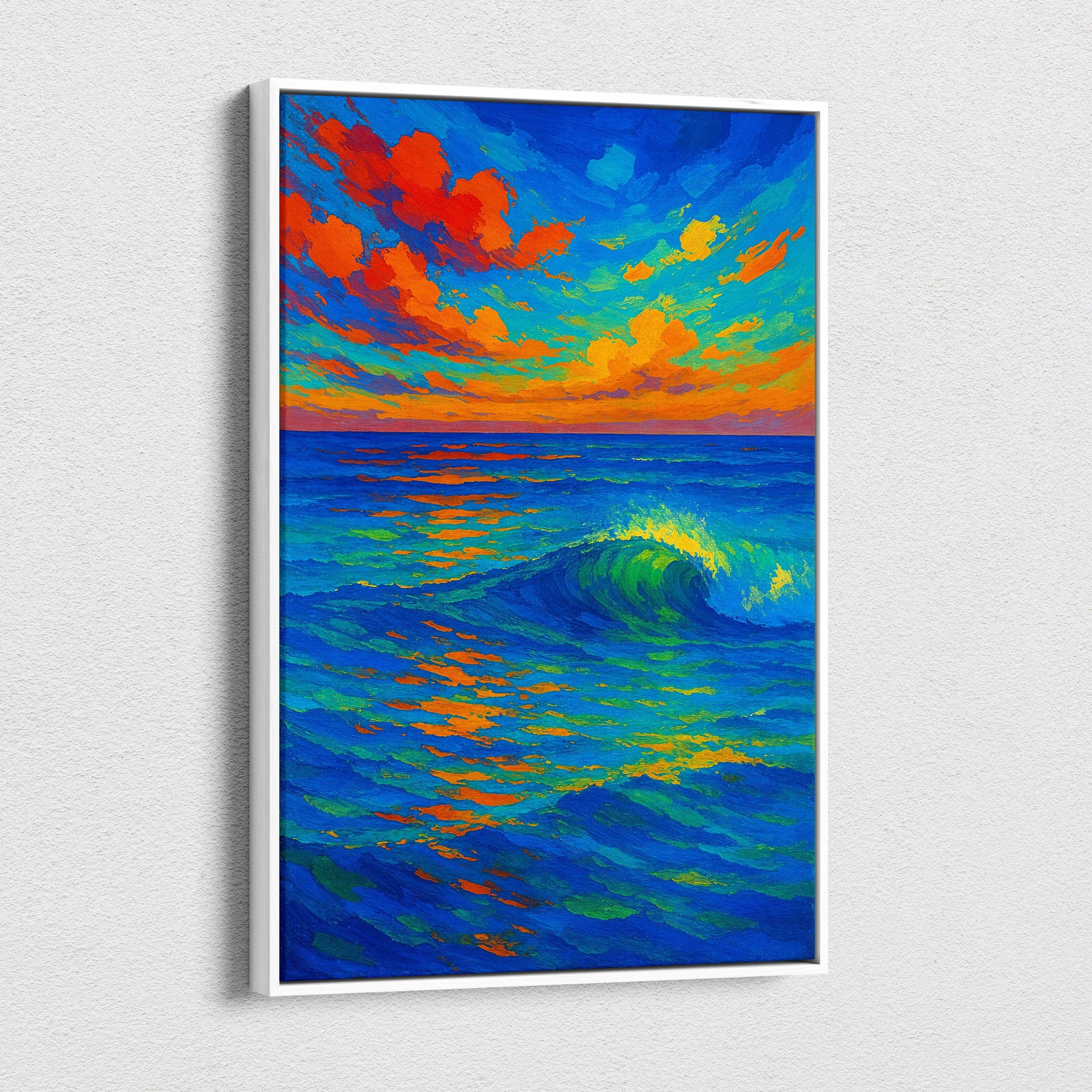 Vibrant impressionist ocean wave canvas art with electric sunset blues and oranges in white frame