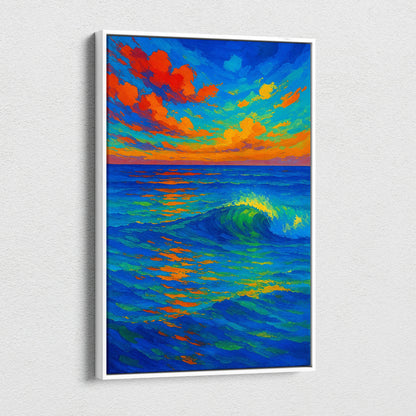 Vibrant impressionist ocean wave canvas art with electric sunset blues and oranges in white frame