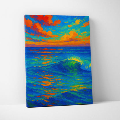 Vibrant impressionist canvas print of ocean wave under electric sunset in blue orange green