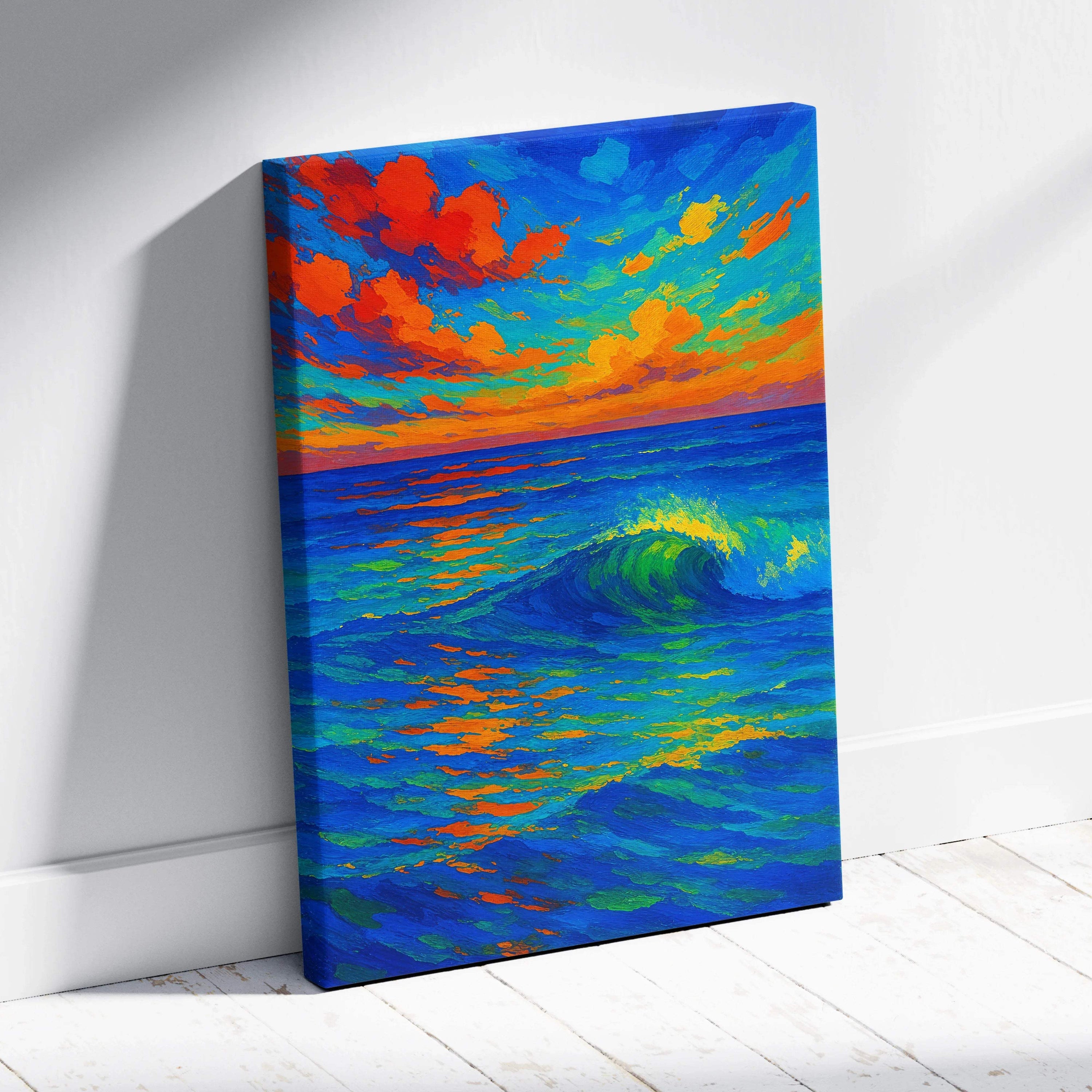 Vibrant impressionist ocean wave canvas wall art with electric sunset blues oranges