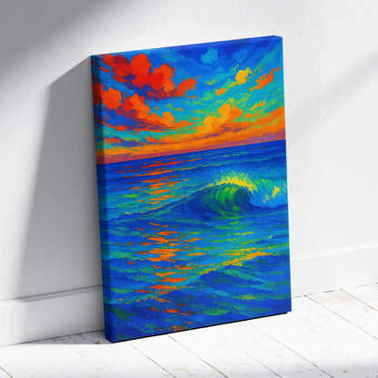 Vibrant impressionist ocean wave canvas wall art with electric sunset blues oranges