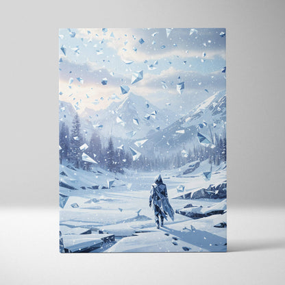 Epic surreal canvas print of solitary wanderer in shattered icy winter valley