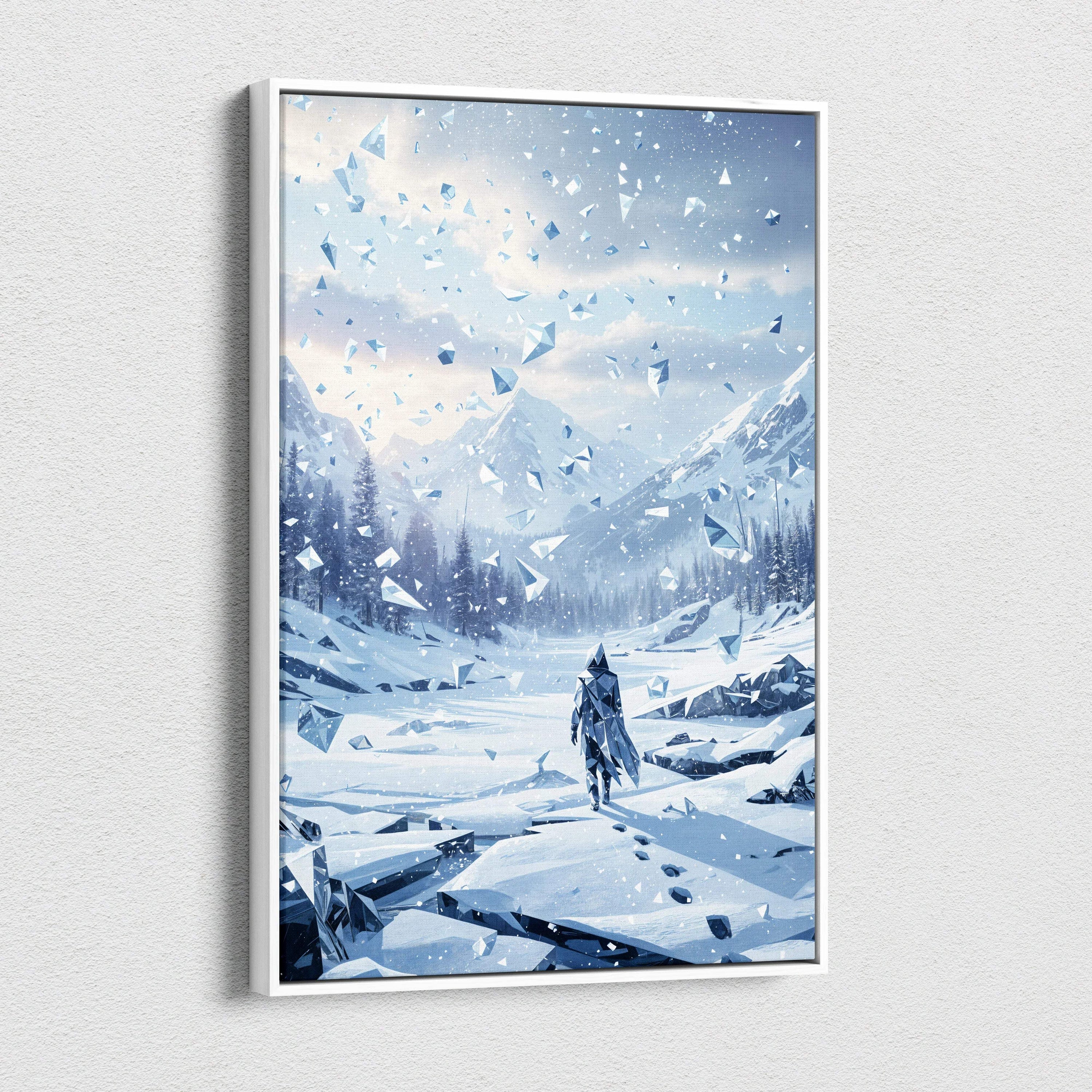 Framed canvas wall art of solitary wanderer in shattered winter valley icy blue landscape