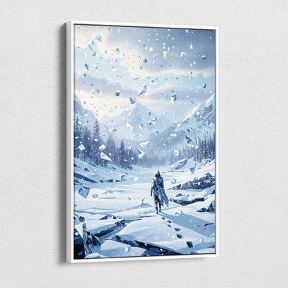 Framed canvas wall art of solitary wanderer in shattered winter valley icy blue landscape