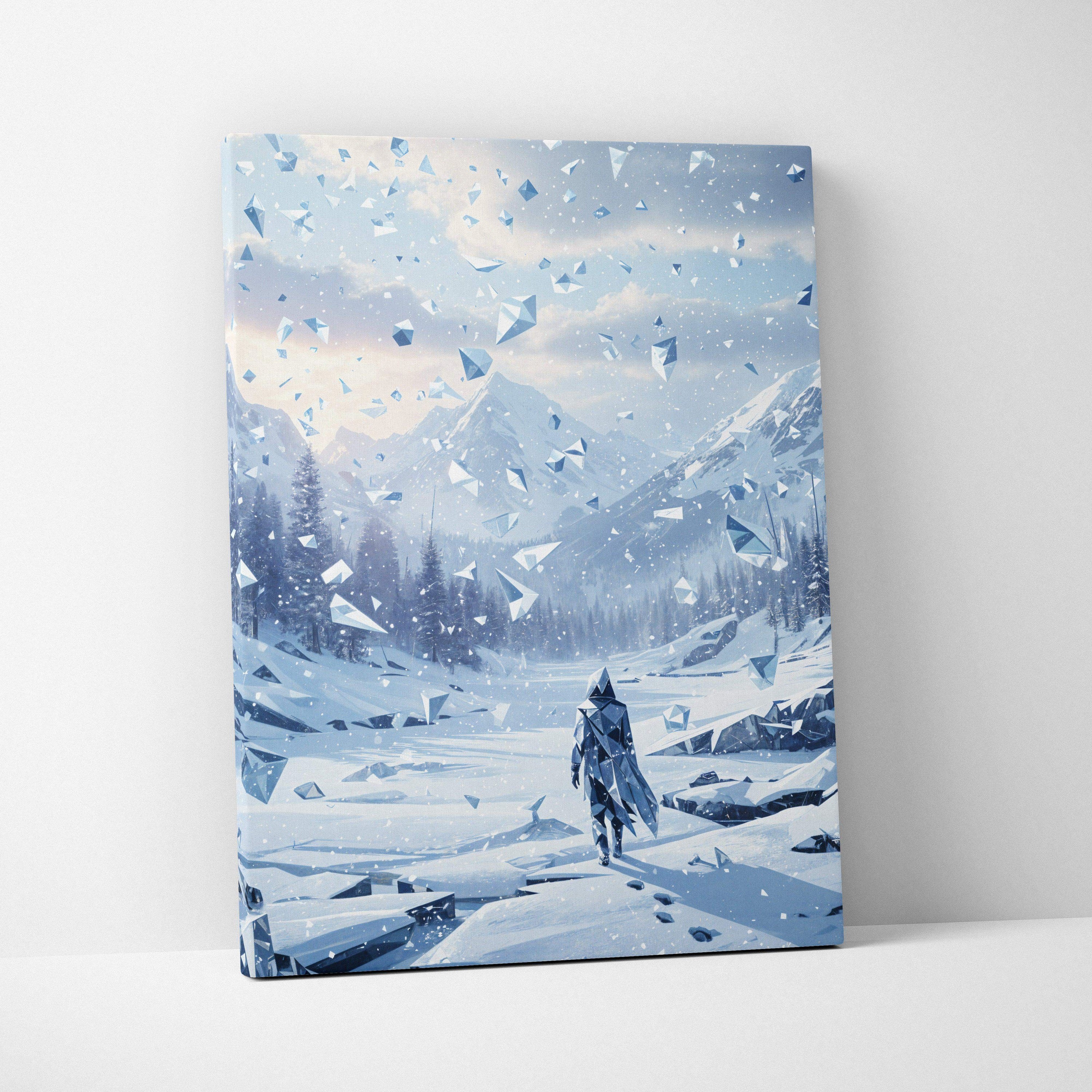 Epic Surreal Fantasy Canvas Print: Solitary Wanderer in Shattered Winter Valley Icy Blue Landscape