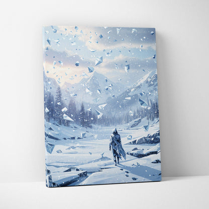 Epic Surreal Fantasy Canvas Print: Solitary Wanderer in Shattered Winter Valley Icy Blue Landscape
