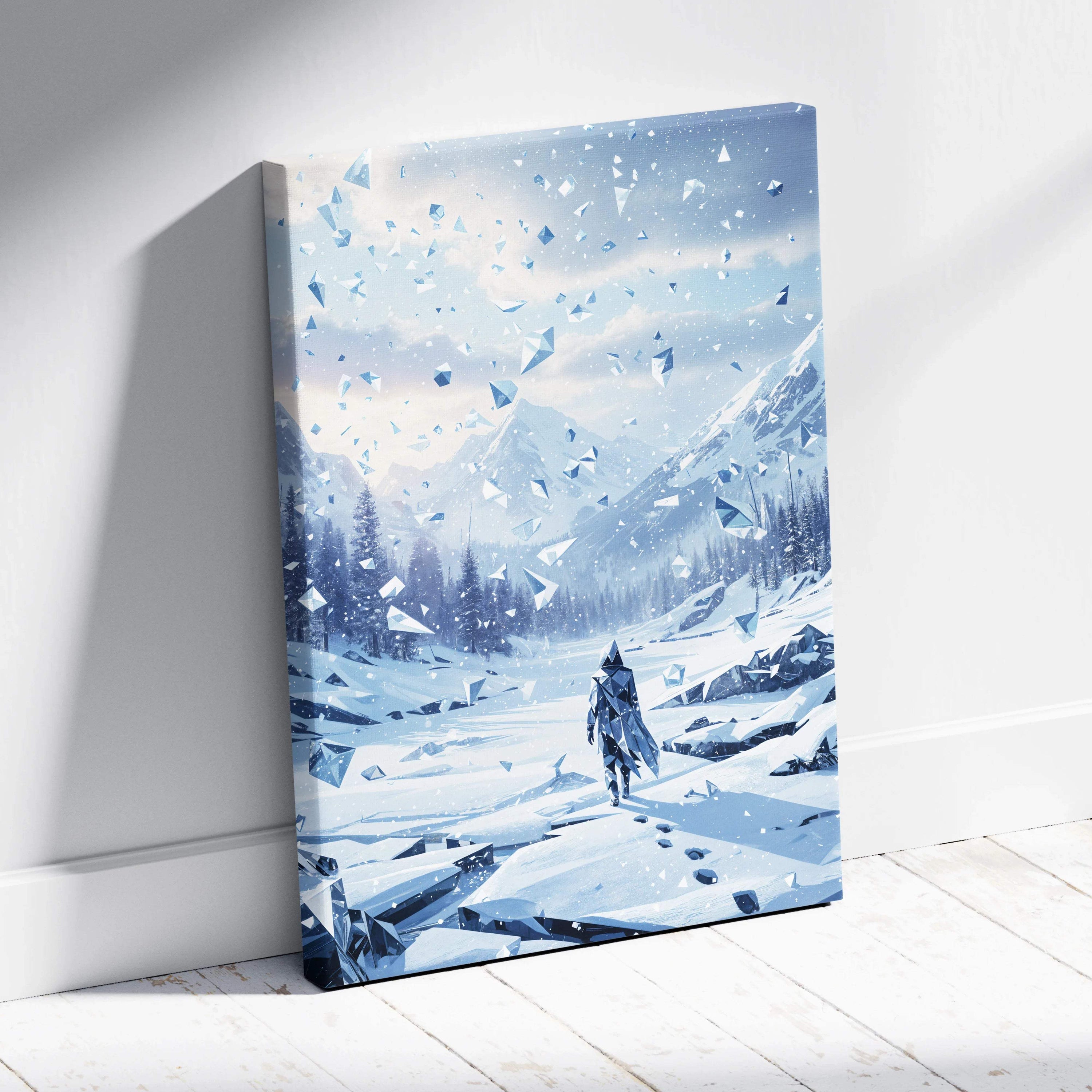 Framed canvas print of solitary wanderer in shattered winter valley icy blue landscape
