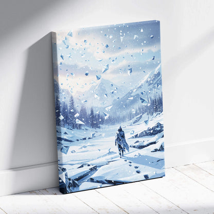 Framed canvas print of solitary wanderer in shattered winter valley icy blue landscape