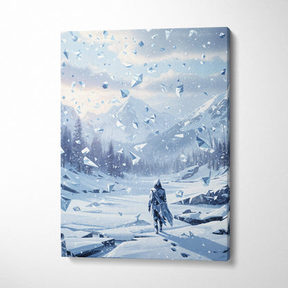 Epic surreal fantasy canvas art of solitary wanderer in shattered winter valley
