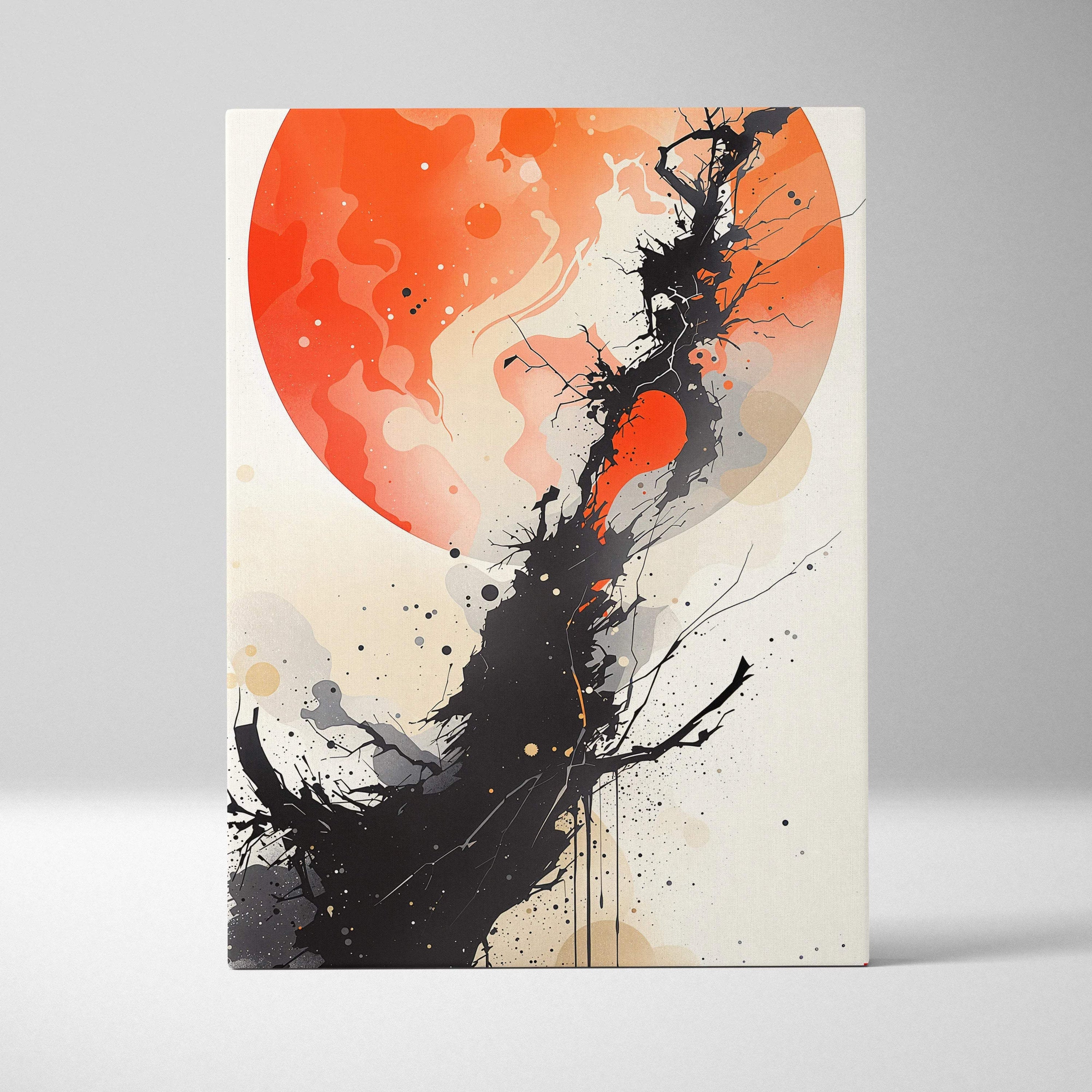 Abstract sumi-e canvas print with black ink tree, crimson sun, smoke on orange cream