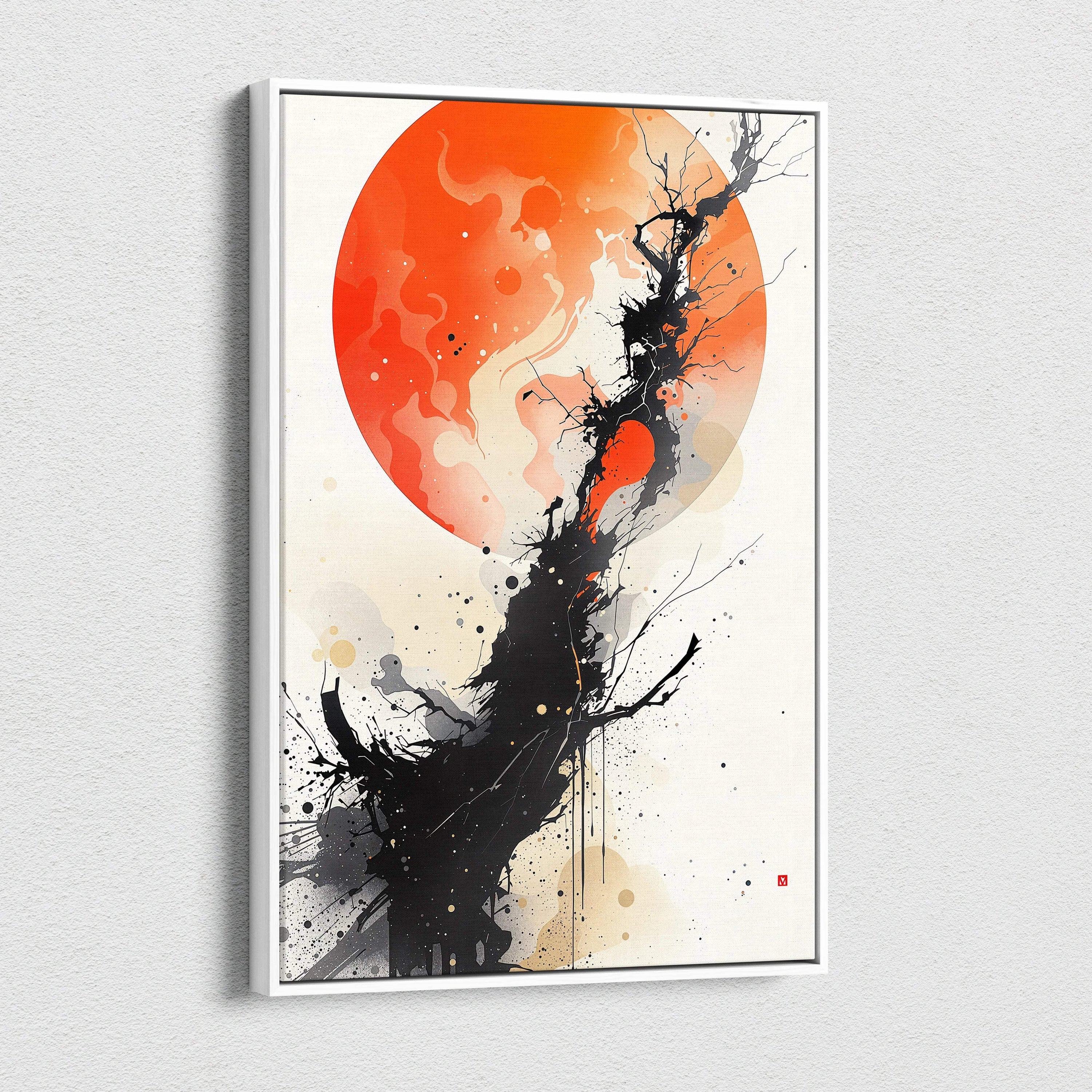 Framed sumi-e canvas art with black ink tree, crimson sun, smoke textures