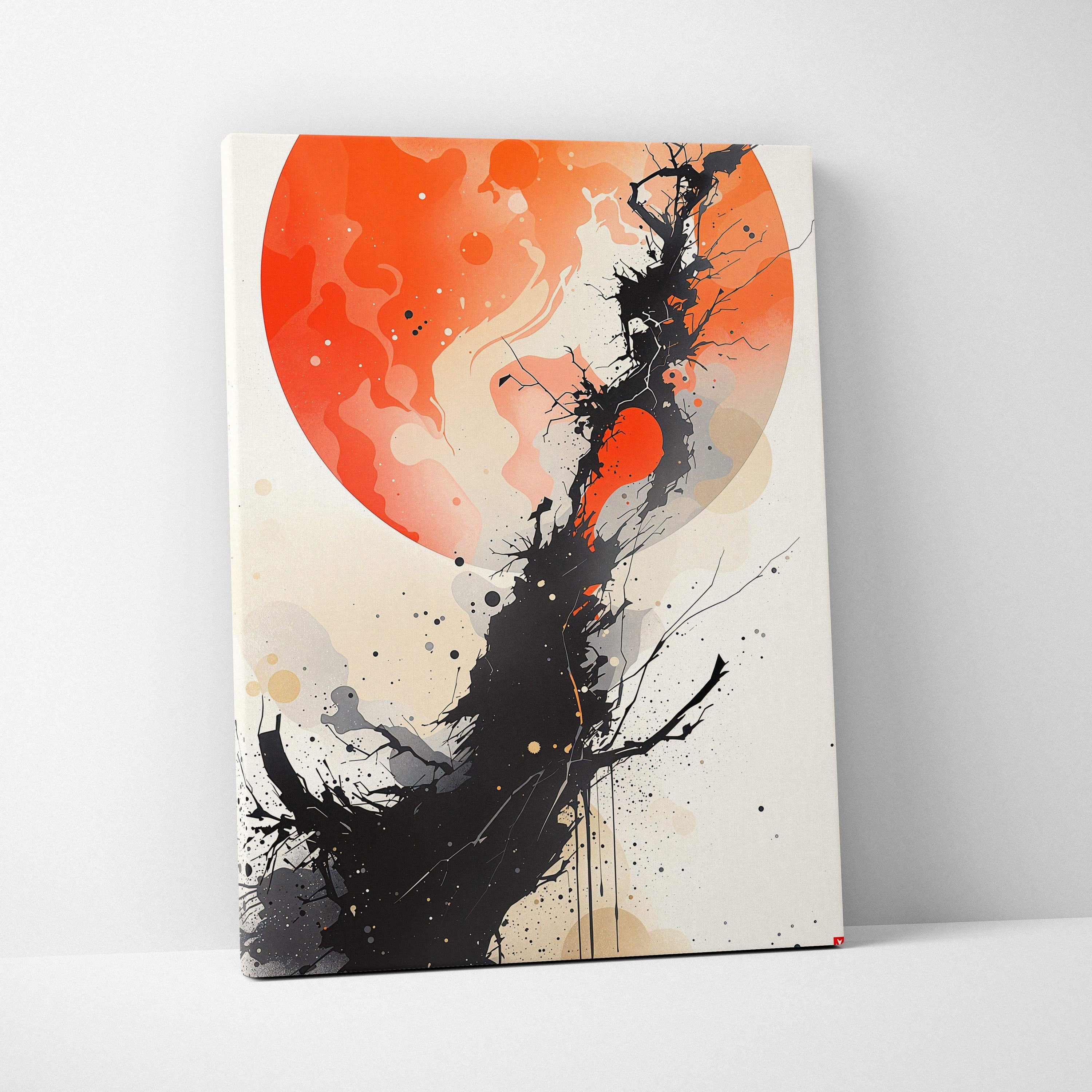 Abstract sumi-e canvas art with black tree, crimson sun, orange circle, smoke textures