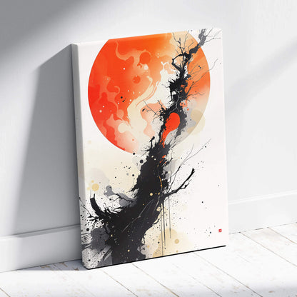 Modern abstract canvas print of sumi-e black tree, crimson sun, ink splatters