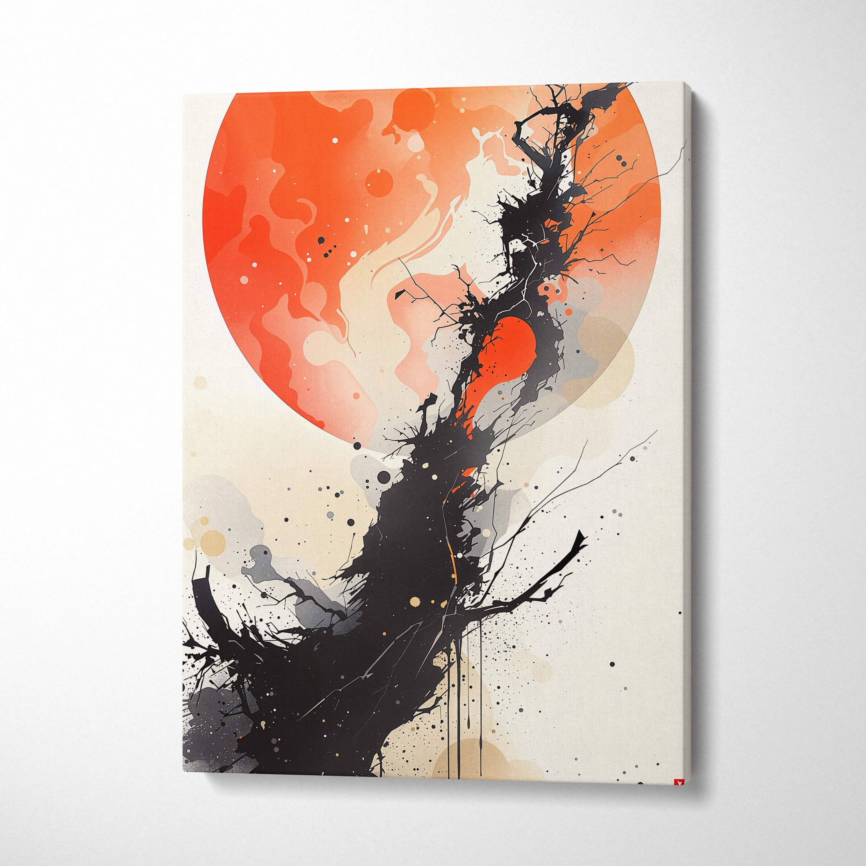 Abstract sumi-e canvas art with black tree, crimson sun, orange circle, smoke textures